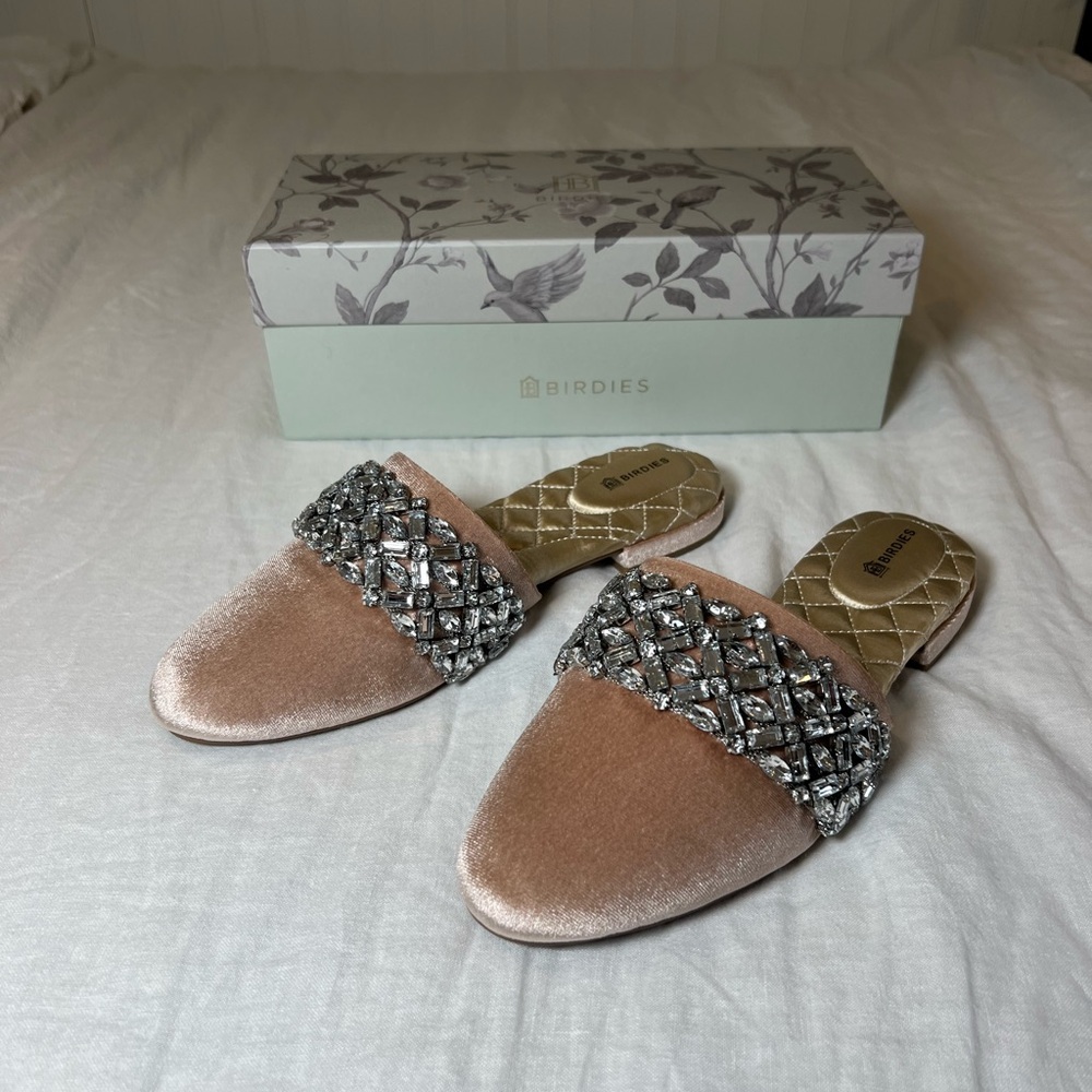 Birdies Blush Velvet Embellished Mules